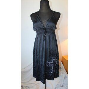 Vtg Soul Revival Y2K Silk Babydoll Dress M Embroidery Cross leather Trim Goth